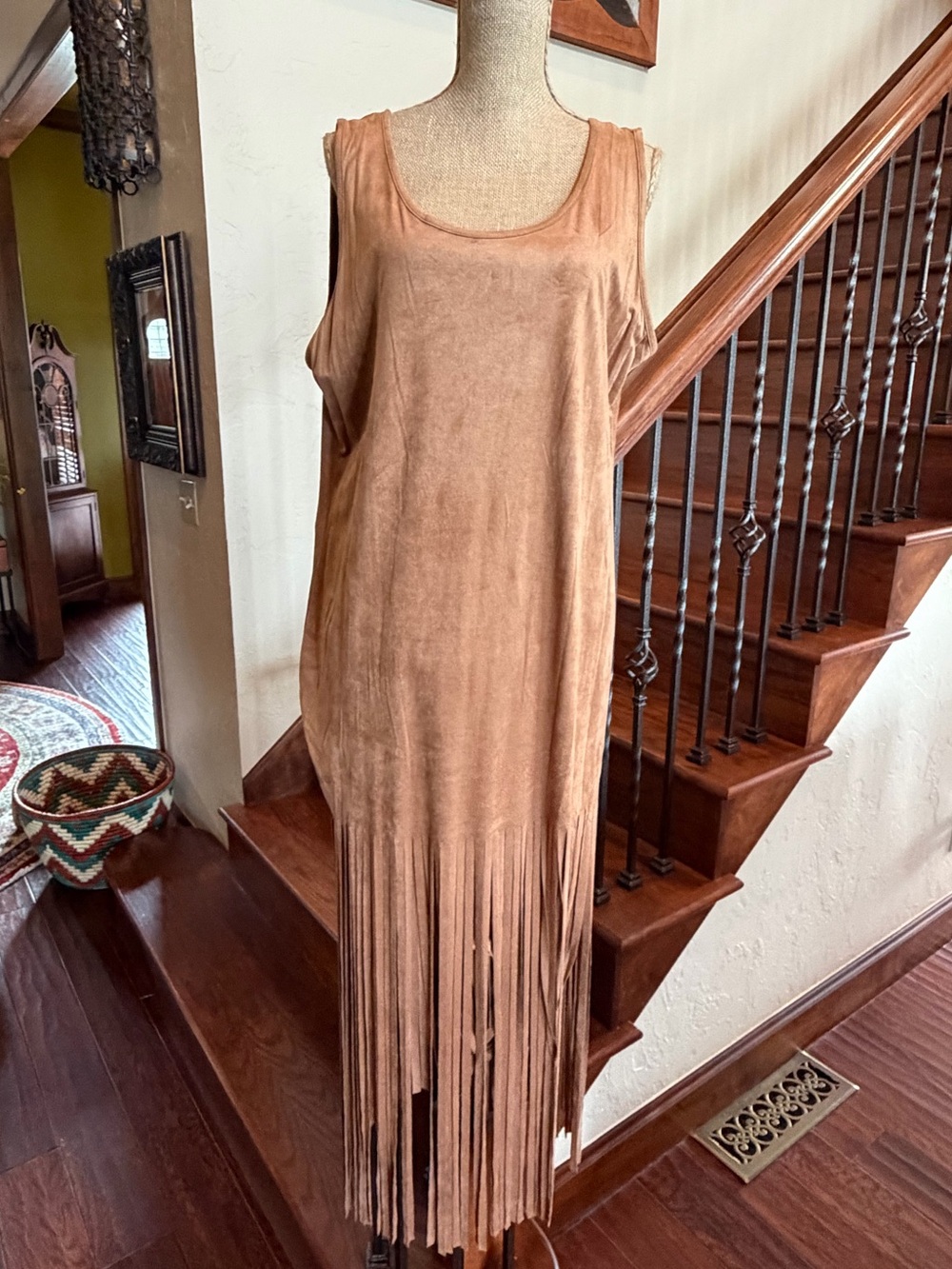 Wrangler Suede-Look Fringe Midi Dress in Tan